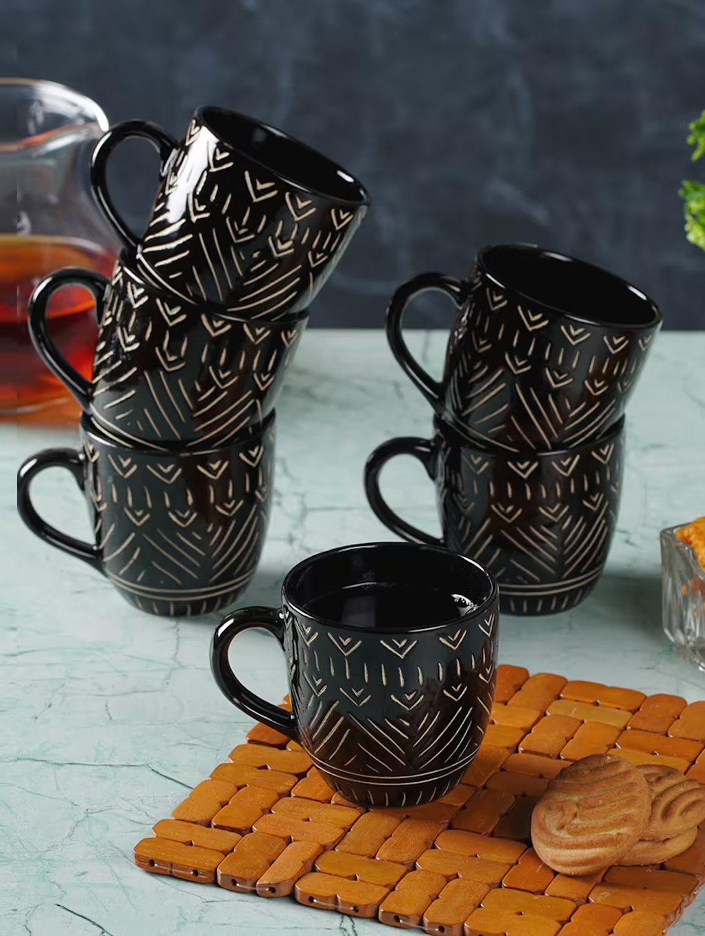 Black embossed designed tea coffee mugs set of 6